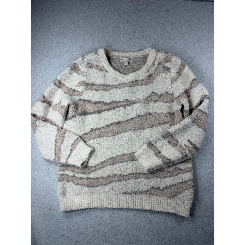 Barefoot Dreams CozyChic Tiger Stripe Sweater Cream chunky BDWCC1756 Womens L